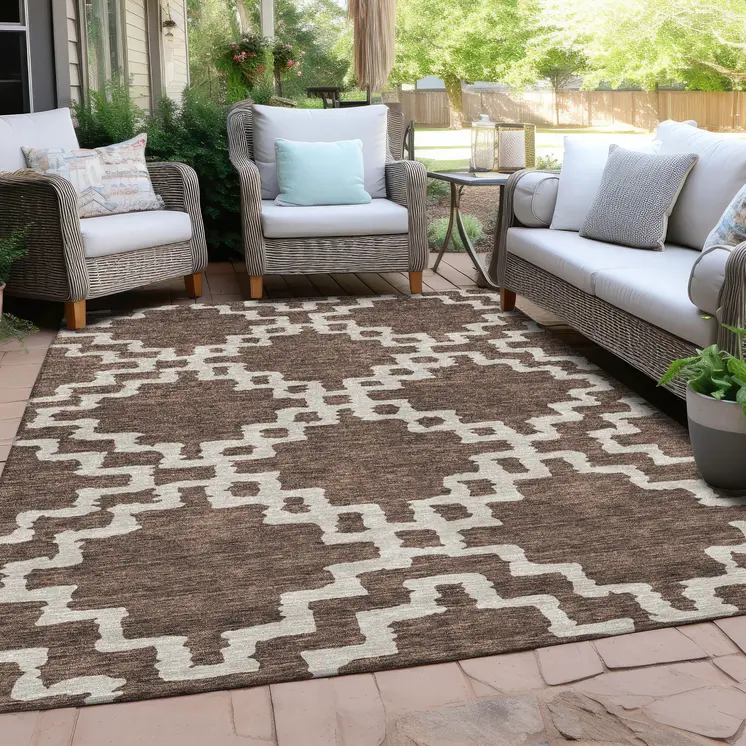 10' X 14' Brown And Ivory Geometric Washable Indoor Outdoor Area Rug