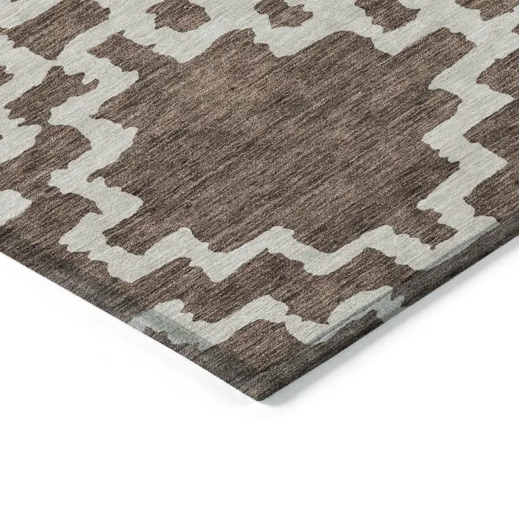 10' X 14' Brown And Ivory Geometric Washable Indoor Outdoor Area Rug