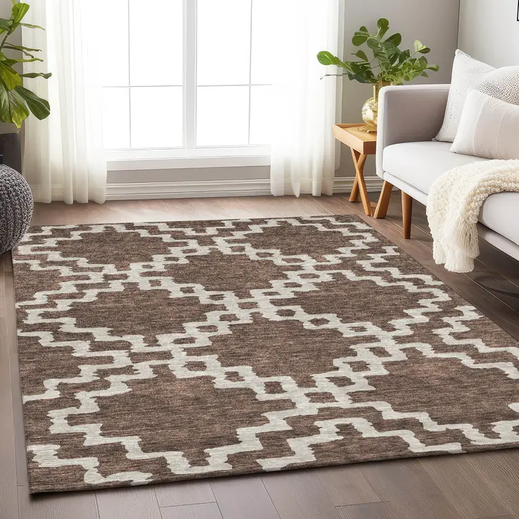 10' X 14' Brown And Ivory Geometric Washable Indoor Outdoor Area Rug