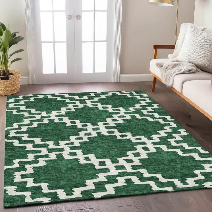 3' X 5' Emerald And Ivory Geometric Washable Indoor Outdoor Area Rug