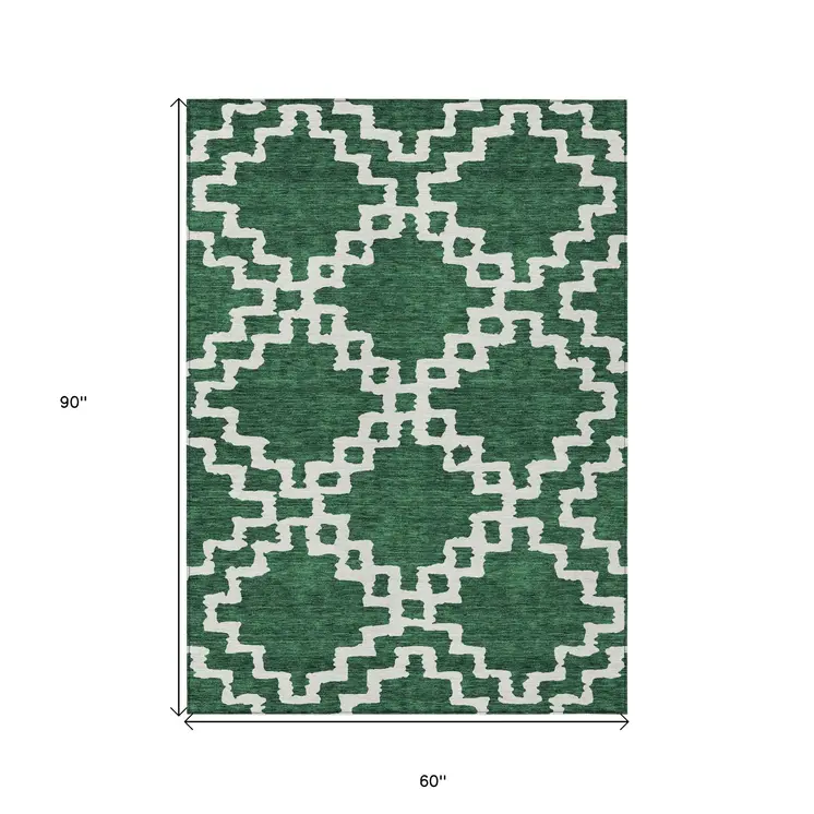5' X 8' Emerald And Ivory Geometric Washable Indoor Outdoor Area Rug
