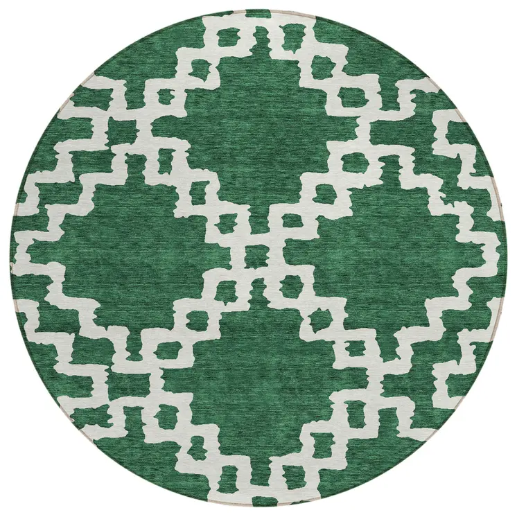 8' Emerald And Ivory Round Geometric Washable Indoor Outdoor Area Rug