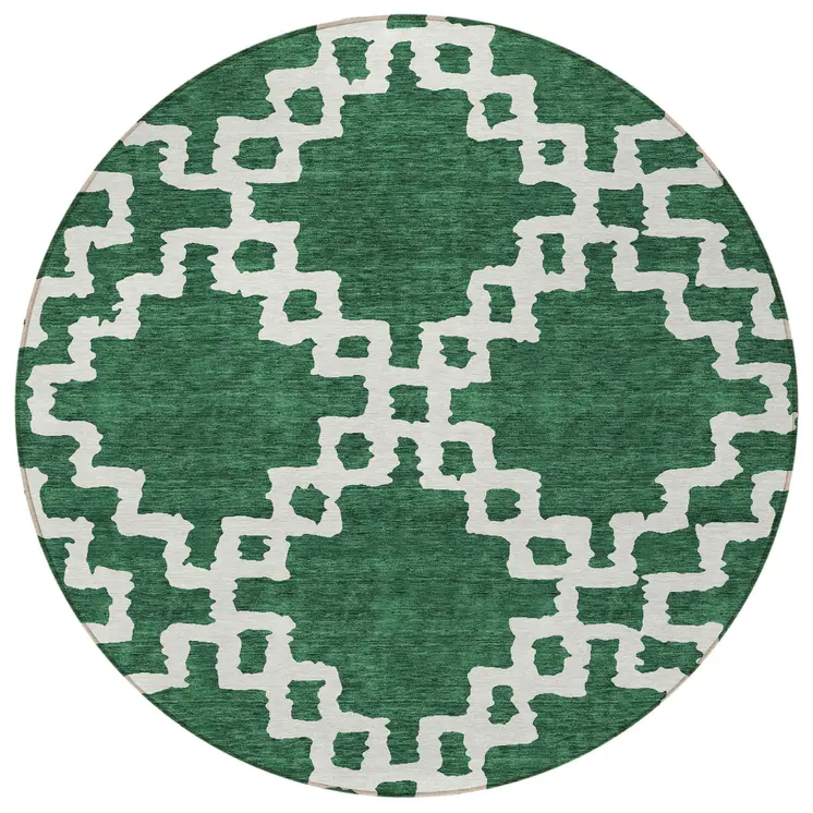 8' Emerald And Ivory Round Geometric Washable Indoor Outdoor Area Rug