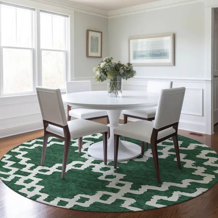 8' Emerald And Ivory Round Geometric Washable Indoor Outdoor Area Rug