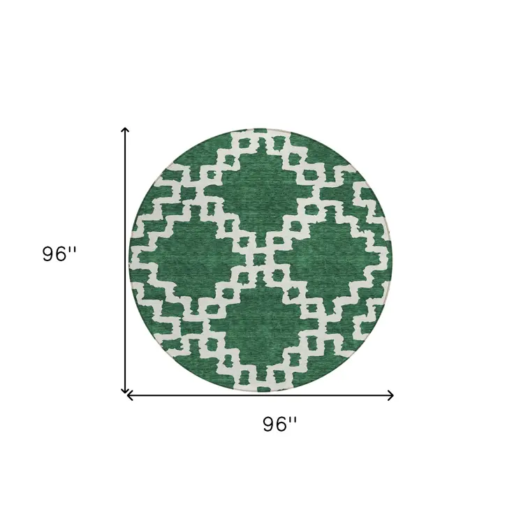 8' Emerald And Ivory Round Geometric Washable Indoor Outdoor Area Rug