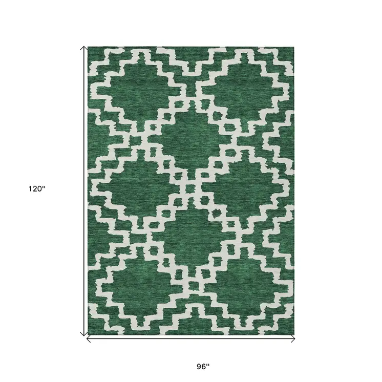 8' X 10' Emerald And Ivory Geometric Washable Indoor Outdoor Area Rug