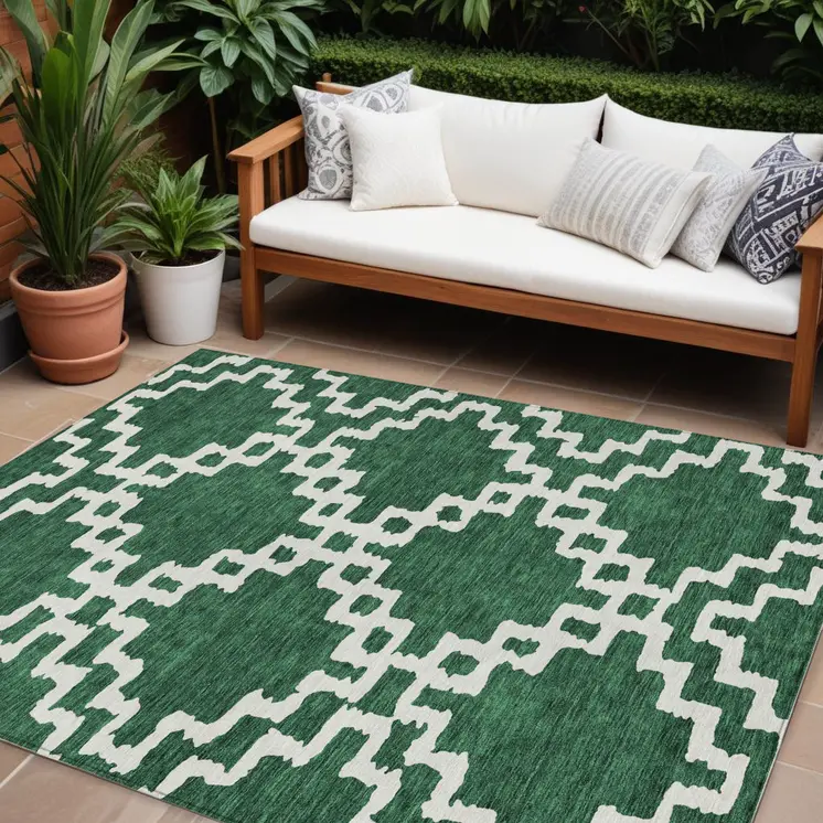 8' X 10' Emerald And Ivory Geometric Washable Indoor Outdoor Area Rug