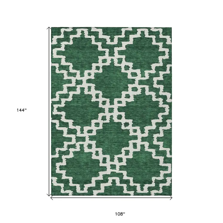 9' X 12' Emerald And Ivory Geometric Washable Indoor Outdoor Area Rug
