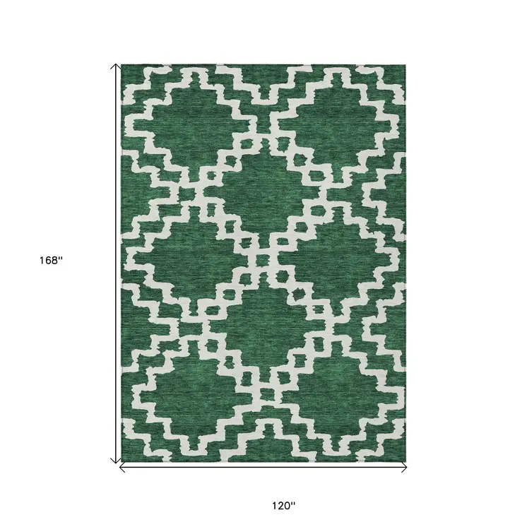 10' X 14' Emerald And Ivory Geometric Washable Indoor Outdoor Area Rug