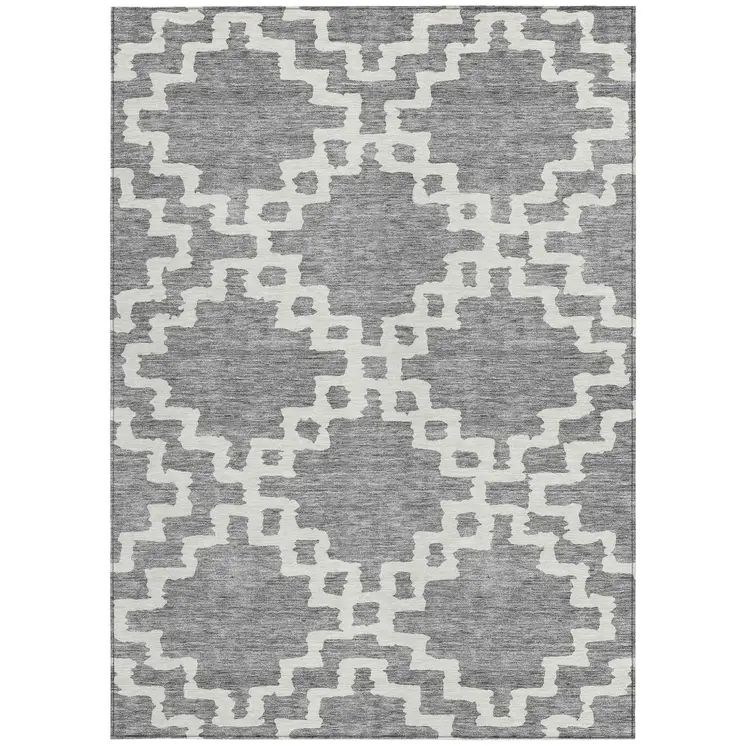 3' X 5' Gray And Ivory Geometric Washable Indoor Outdoor Area Rug