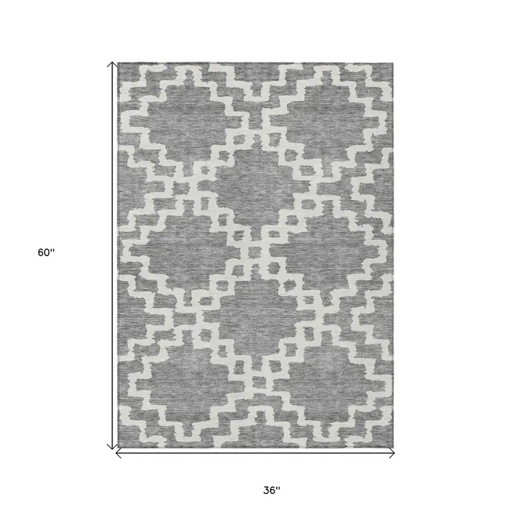 3' X 5' Gray And Ivory Geometric Washable Indoor Outdoor Area Rug