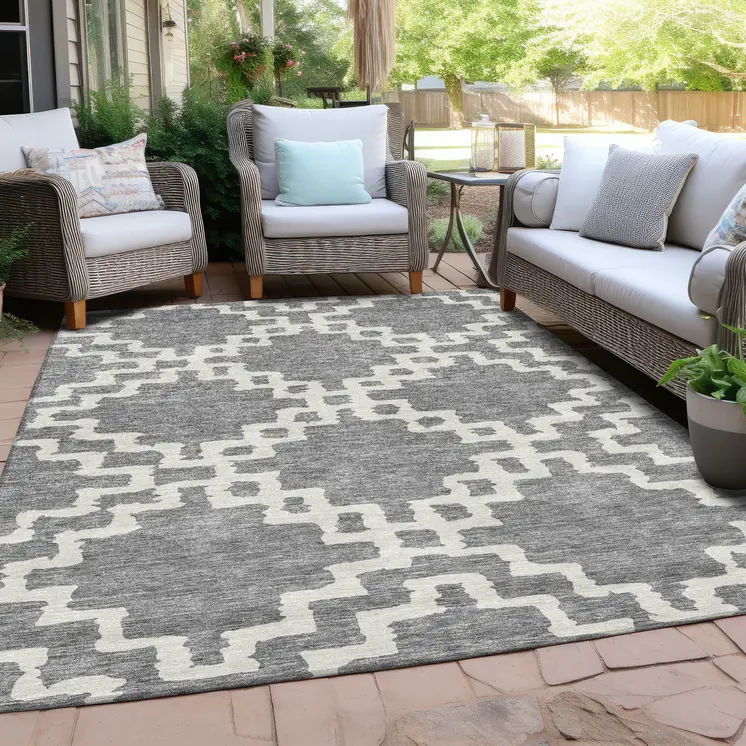 5' X 8' Gray And Ivory Geometric Washable Indoor Outdoor Area Rug