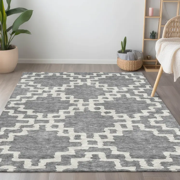 5' X 8' Gray And Ivory Geometric Washable Indoor Outdoor Area Rug