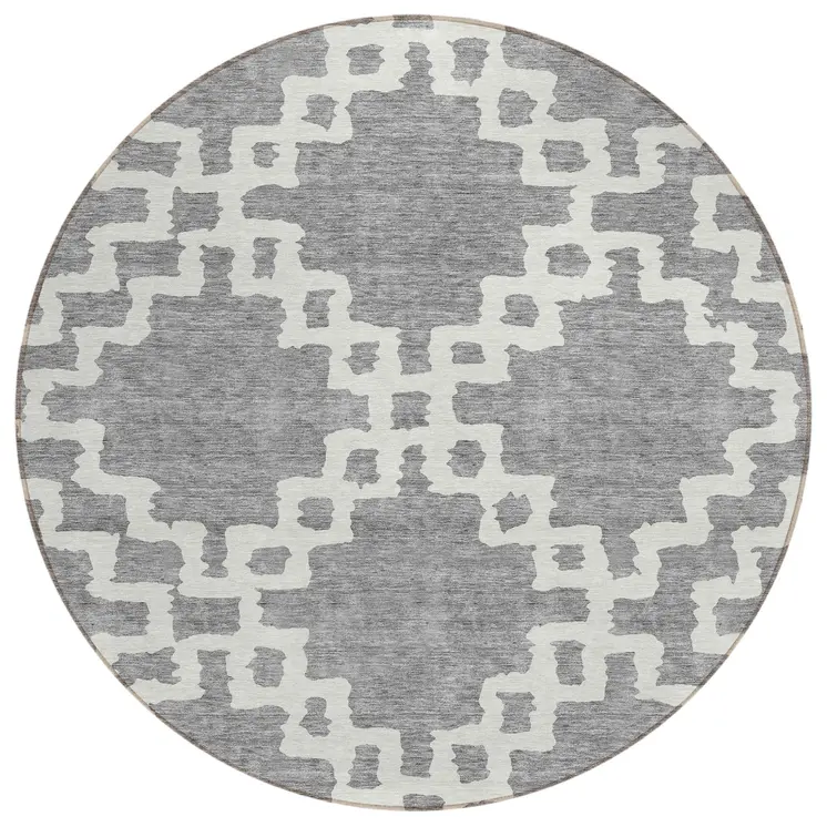 8' Gray And Ivory Round Geometric Washable Indoor Outdoor Area Rug