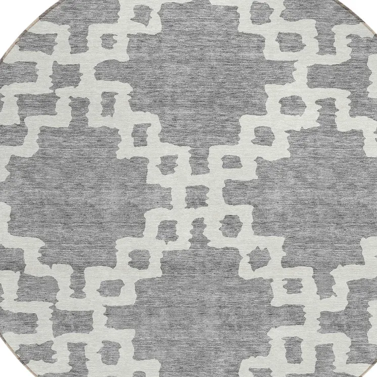 8' Gray And Ivory Round Geometric Washable Indoor Outdoor Area Rug