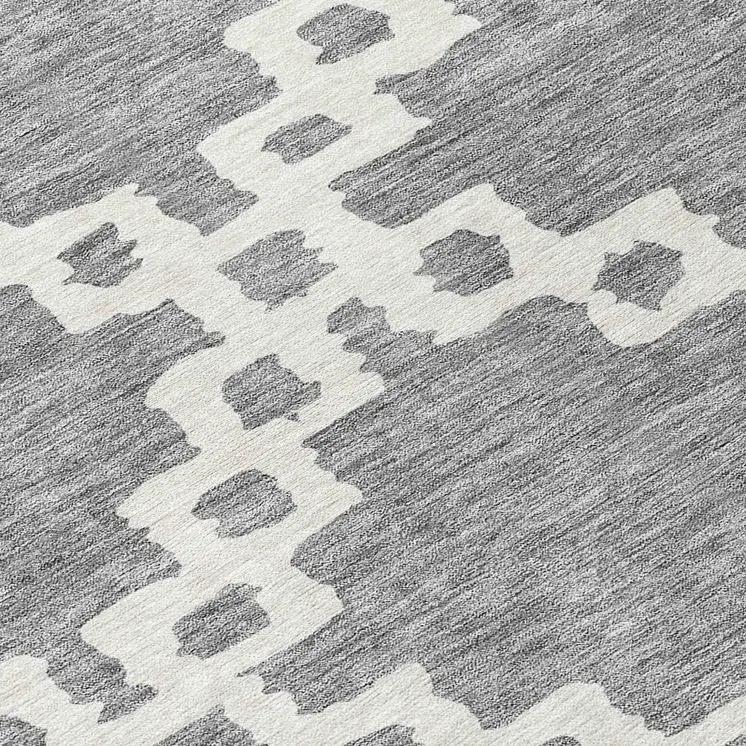 8' Gray And Ivory Round Geometric Washable Indoor Outdoor Area Rug