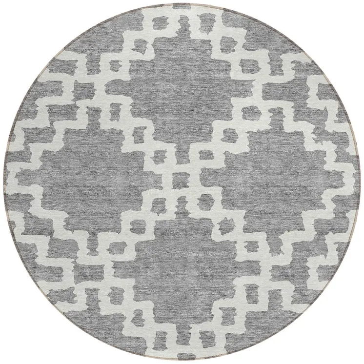 8' Gray And Ivory Round Geometric Washable Indoor Outdoor Area Rug