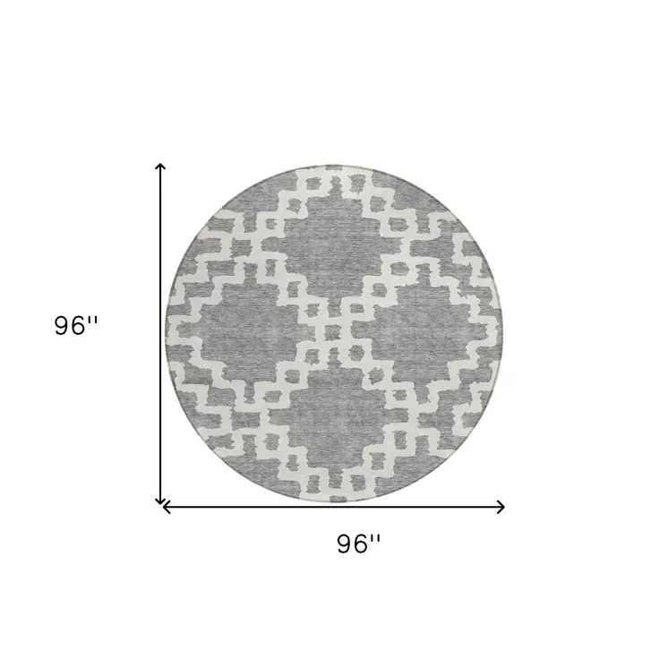 8' Gray And Ivory Round Geometric Washable Indoor Outdoor Area Rug