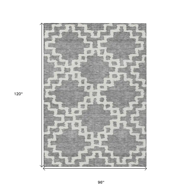 8' X 10' Gray And Ivory Geometric Washable Indoor Outdoor Area Rug
