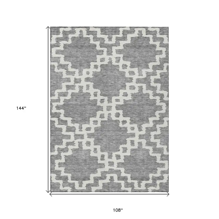 9' X 12' Gray And Ivory Geometric Washable Indoor Outdoor Area Rug