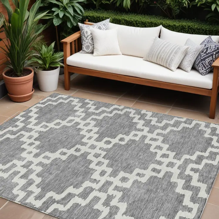 10' X 14' Gray And Ivory Geometric Washable Indoor Outdoor Area Rug