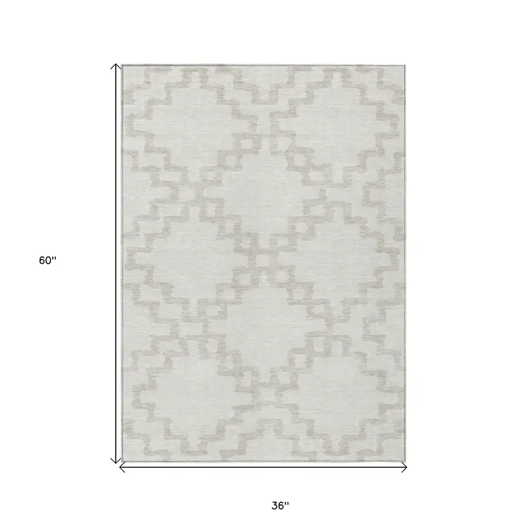 3' X 5' Ivory And Beige Geometric Washable Indoor Outdoor Area Rug