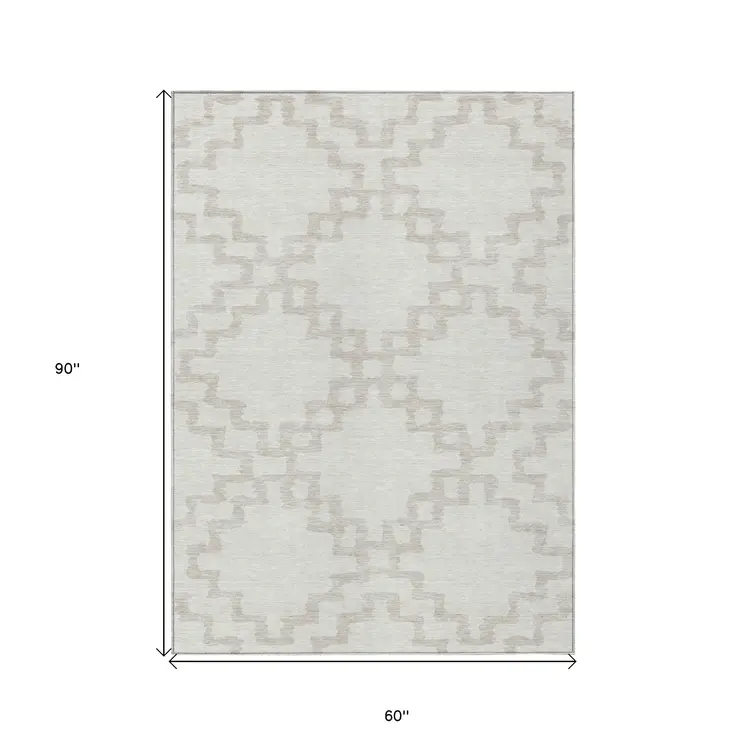 5' X 8' Ivory And Beige Geometric Washable Indoor Outdoor Area Rug
