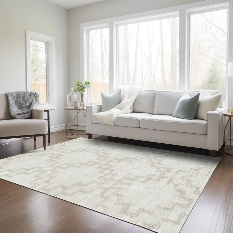 5' X 8' Ivory And Beige Geometric Washable Indoor Outdoor Area Rug