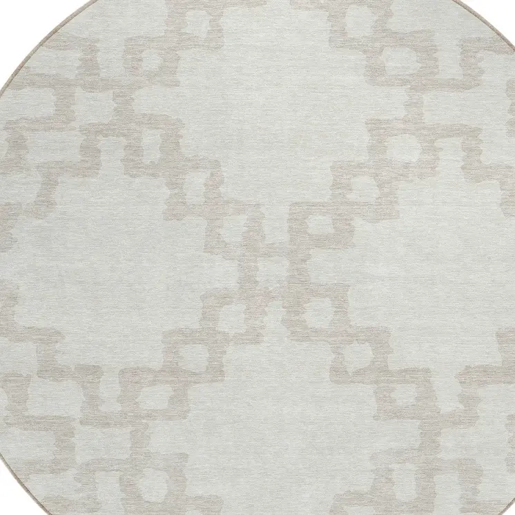 8' Ivory And Beige Round Geometric Washable Indoor Outdoor Area Rug