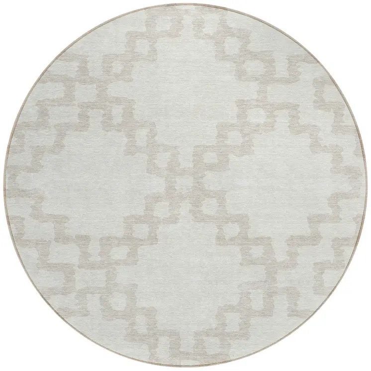 8' Ivory And Beige Round Geometric Washable Indoor Outdoor Area Rug