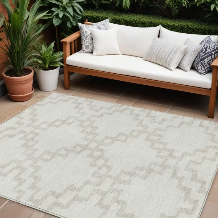 9' X 12' Ivory And Beige Geometric Washable Indoor Outdoor Area Rug