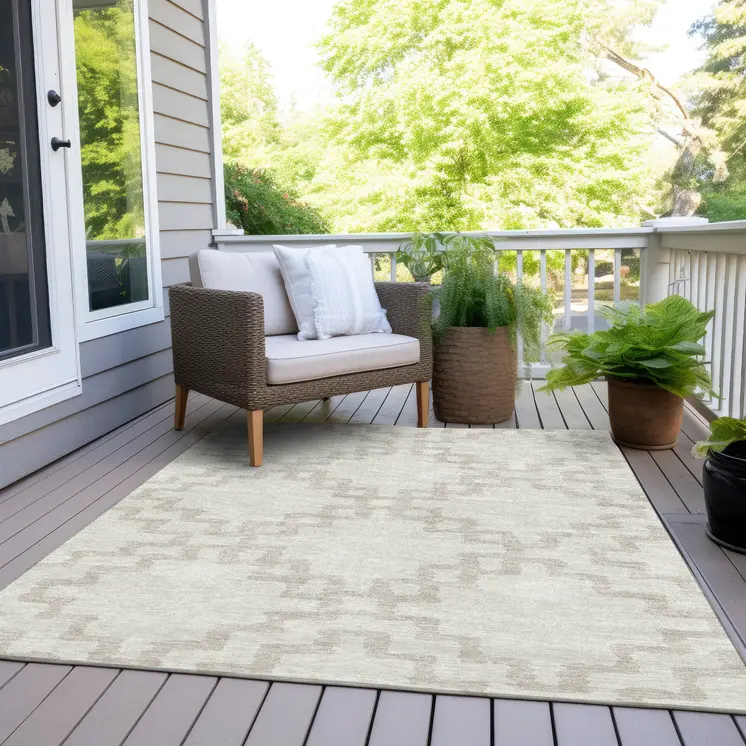 9' X 12' Ivory And Beige Geometric Washable Indoor Outdoor Area Rug