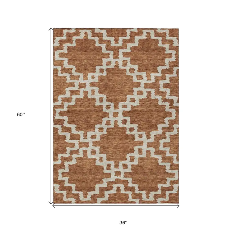 3' X 5' Brown And Ivory Geometric Washable Indoor Outdoor Area Rug