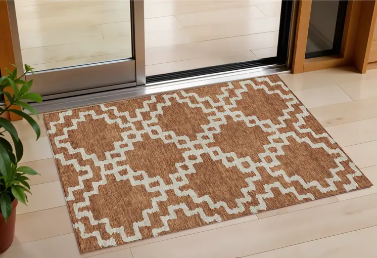3' X 5' Brown And Ivory Geometric Washable Indoor Outdoor Area Rug