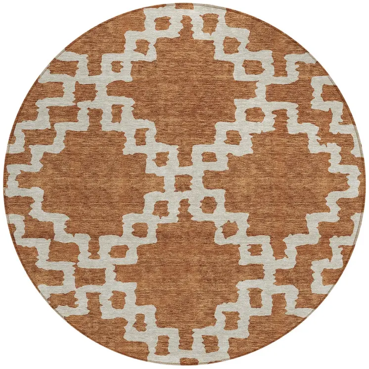 8' Brown And Ivory Round Geometric Washable Indoor Outdoor Area Rug