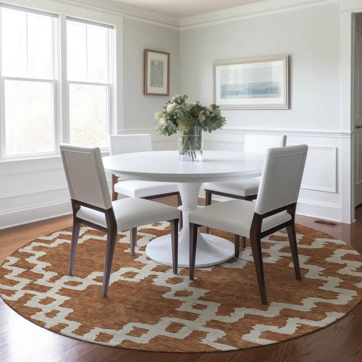 8' Brown And Ivory Round Geometric Washable Indoor Outdoor Area Rug