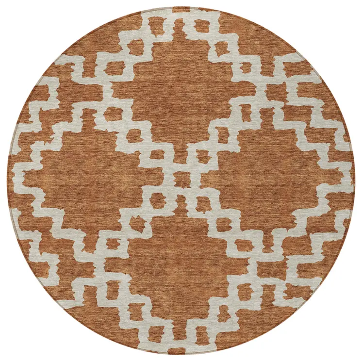 8' Brown And Ivory Round Geometric Washable Indoor Outdoor Area Rug