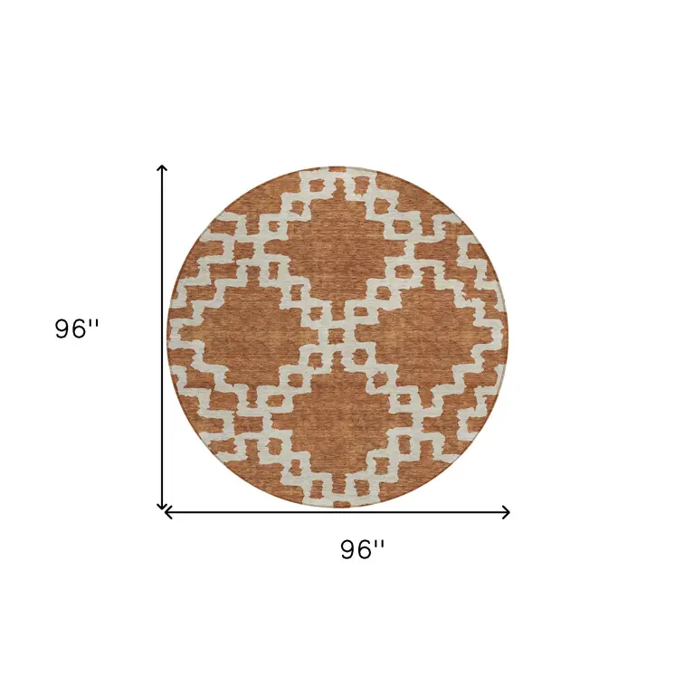 8' Brown And Ivory Round Geometric Washable Indoor Outdoor Area Rug