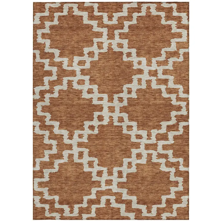 9' X 12' Brown And Ivory Geometric Washable Indoor Outdoor Area Rug