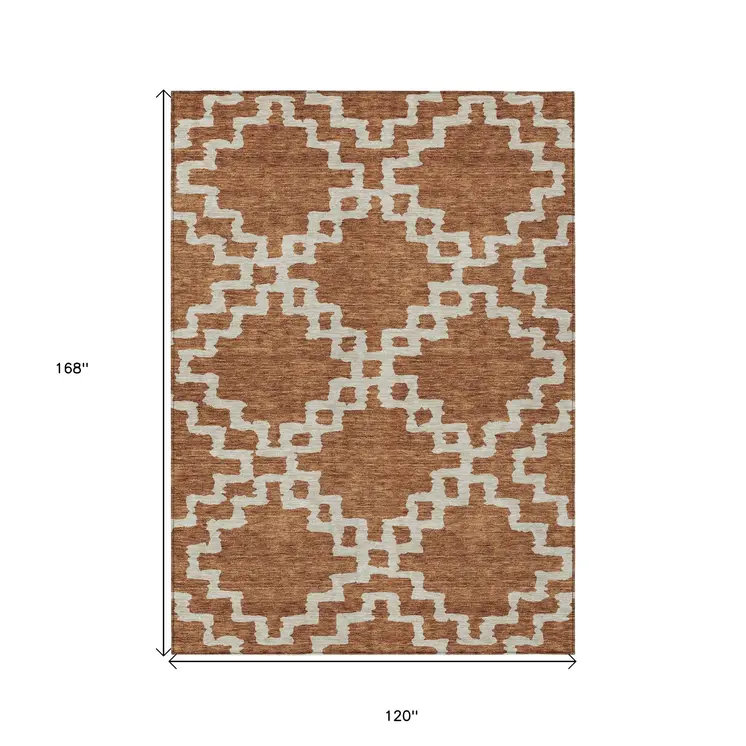 10' X 14' Brown And Ivory Geometric Washable Indoor Outdoor Area Rug