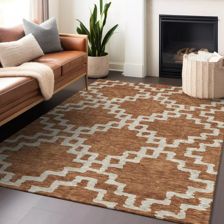 10' X 14' Brown And Ivory Geometric Washable Indoor Outdoor Area Rug