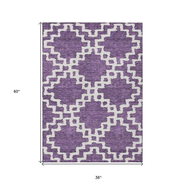 3' X 5' Purple And Ivory Geometric Washable Indoor Outdoor Area Rug