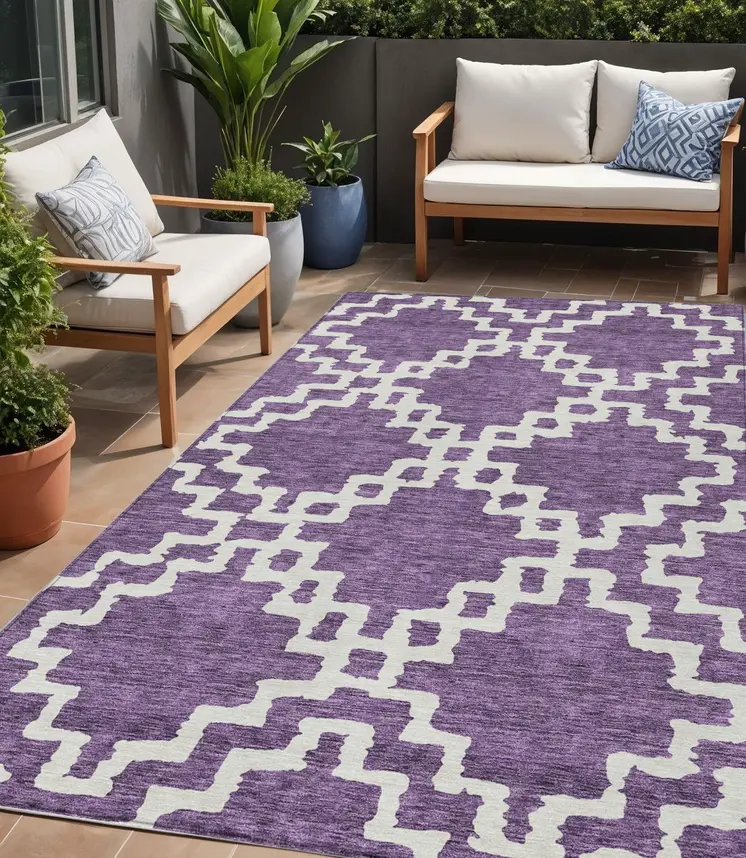 5' X 8' Purple And Ivory Geometric Washable Indoor Outdoor Area Rug