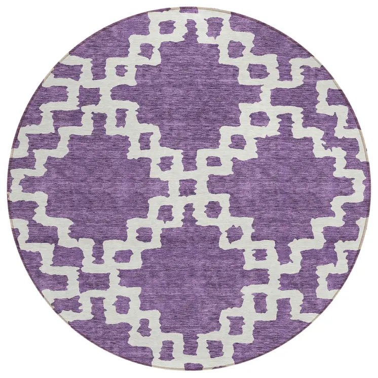 8' Purple And Ivory Round Geometric Washable Indoor Outdoor Area Rug