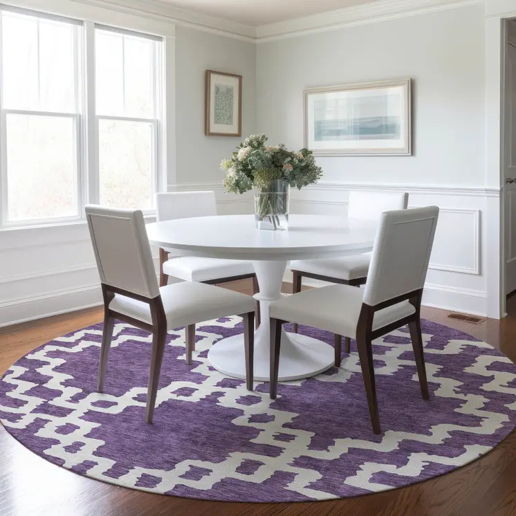 8' Purple And Ivory Round Geometric Washable Indoor Outdoor Area Rug