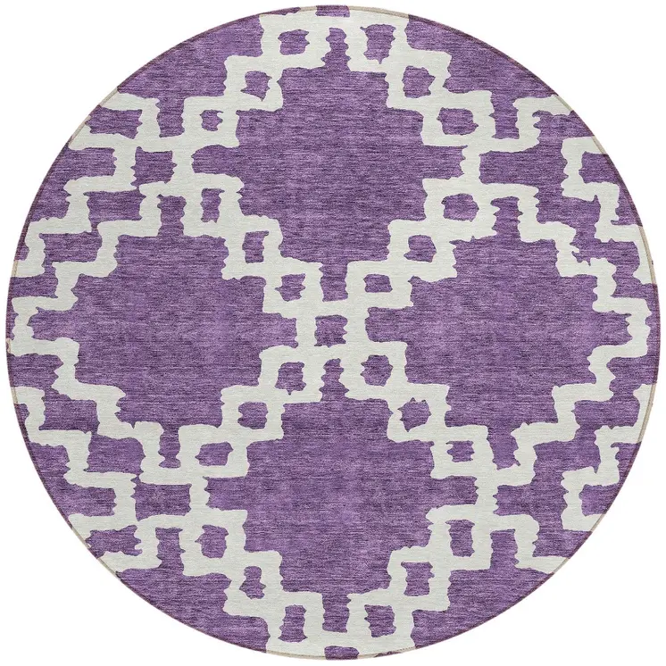 8' Purple And Ivory Round Geometric Washable Indoor Outdoor Area Rug