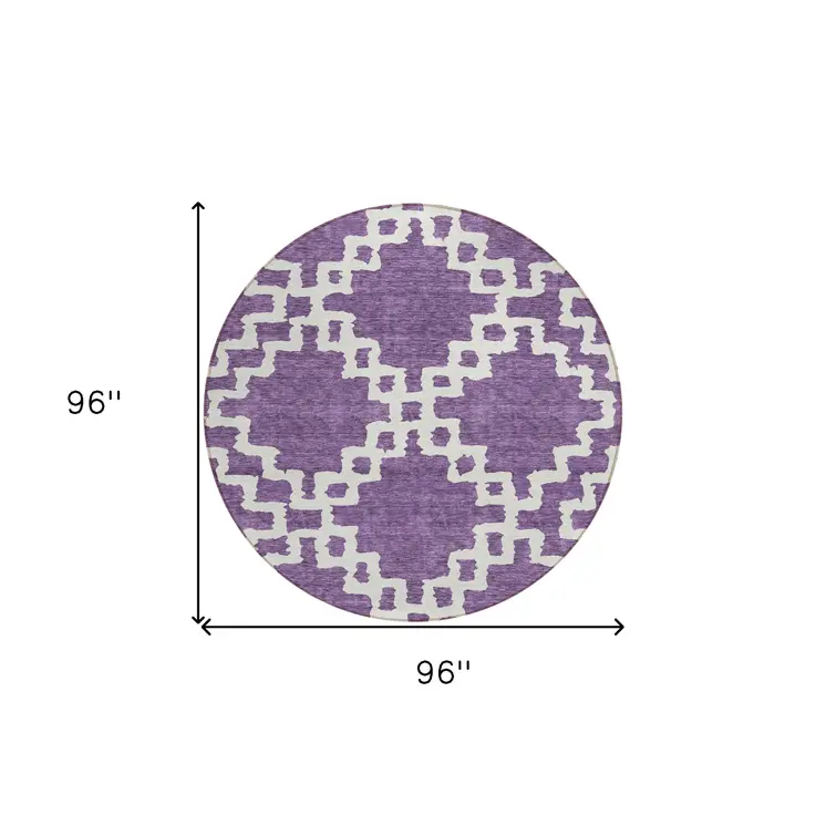 8' Purple And Ivory Round Geometric Washable Indoor Outdoor Area Rug