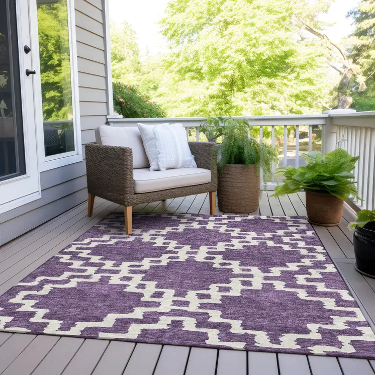 9' X 12' Purple And Ivory Geometric Washable Indoor Outdoor Area Rug