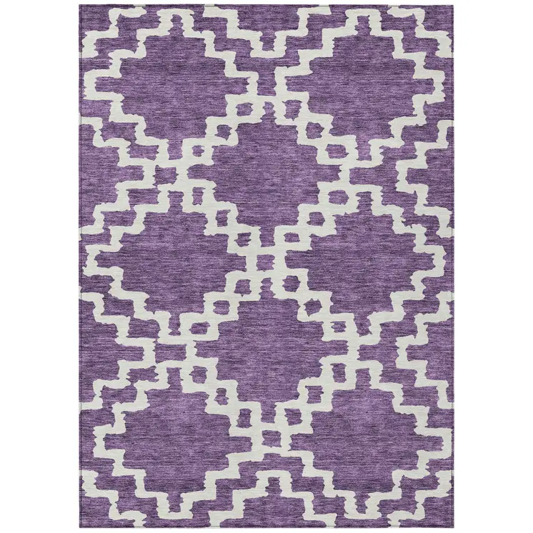 9' X 12' Purple And Ivory Geometric Washable Indoor Outdoor Area Rug