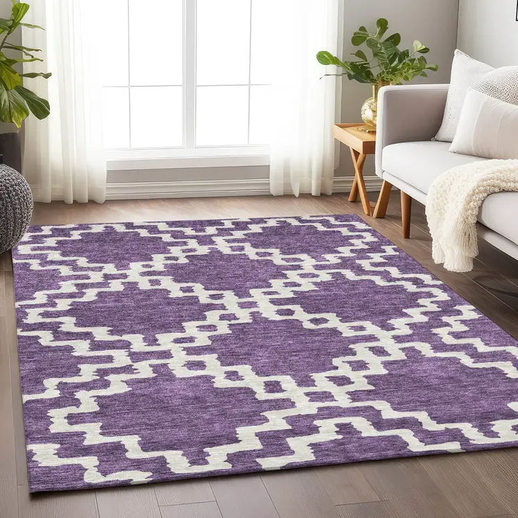 9' X 12' Purple And Ivory Geometric Washable Indoor Outdoor Area Rug